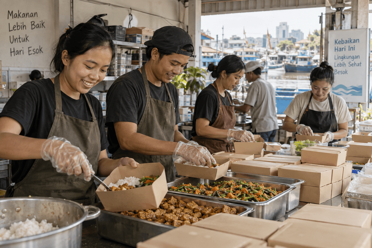 Generated illustrative scene of volunteers preparing boxed meals in an Indonesian community kitchen; fictional demo, not verified evidence