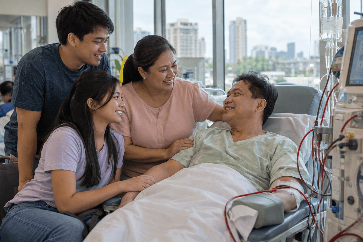 Generated illustrative scene of a caring family beside an adult patient in a dialysis clinic; fictional demo, not verified evidence