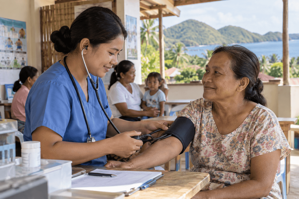 Generated illustrative scene of a nurse checking blood pressure at a rural community clinic; fictional demo, not verified evidence