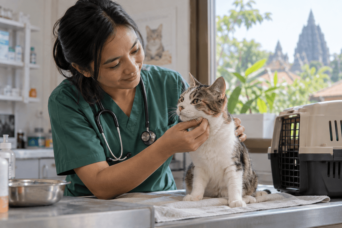 Generated illustrative scene of a veterinarian gently examining a recovering cat in a clean clinic; fictional demo, not verified evidence