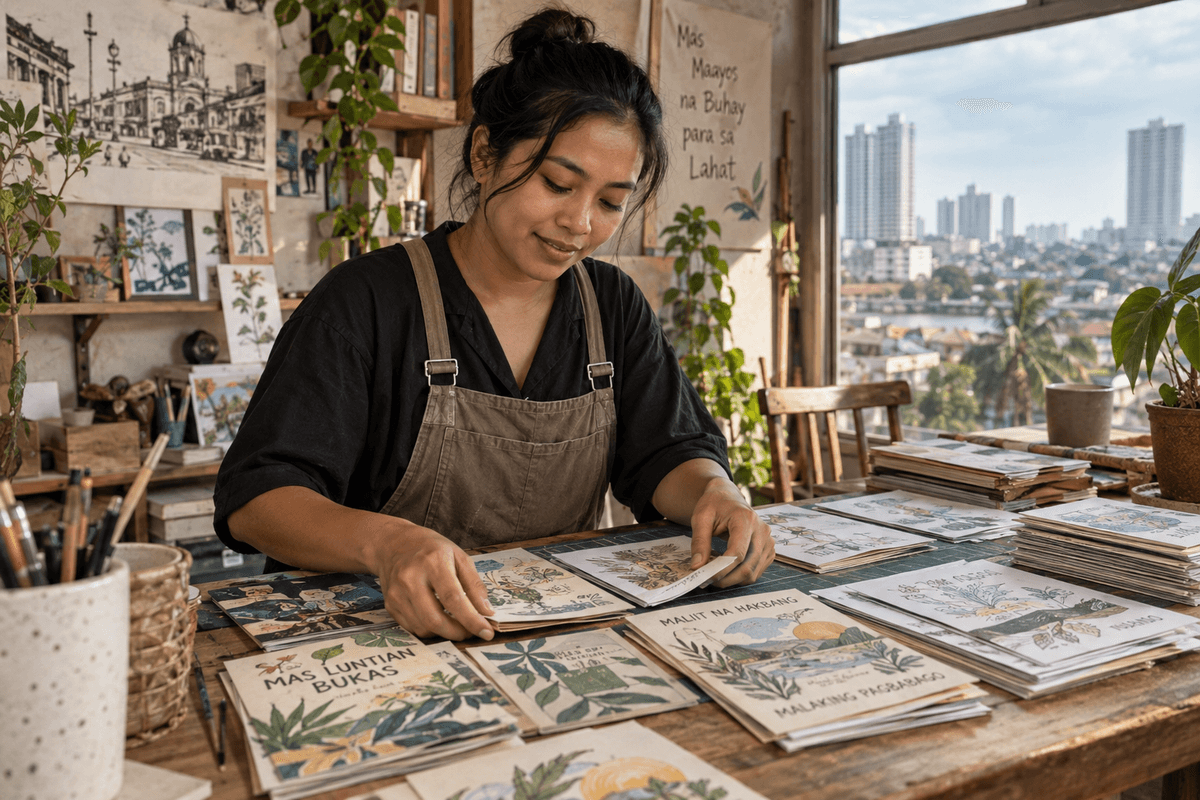 Generated illustrative scene of a Filipino artist arranging hand-drawn learning zines in a studio; fictional demo, not verified evidence