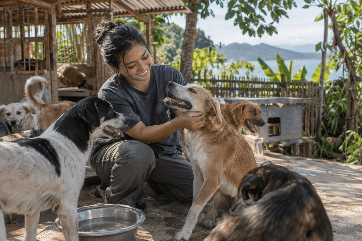 Generated illustrative scene of a volunteer caring for rescued dogs beside a peaceful foster yard; fictional demo, not verified evidence