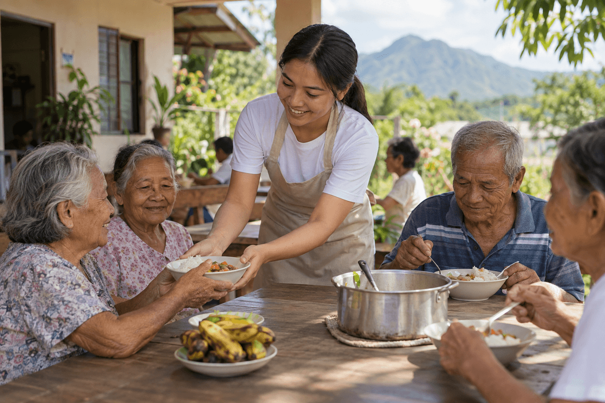 Generated illustrative scene of a care volunteer serving warm meals to elders at a dining table; fictional demo, not verified evidence