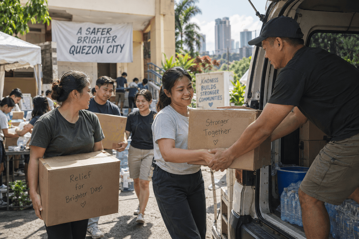Generated illustrative scene of volunteers loading relief crates into a van near a shelter; fictional demo, not verified evidence