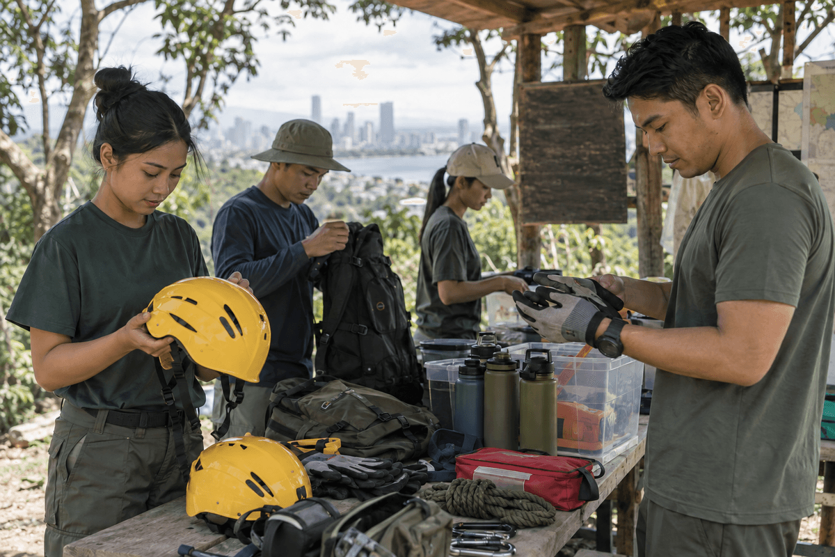 Generated illustrative scene of trained volunteers checking protective supplies at a forest safety station; fictional demo, not verified evidence