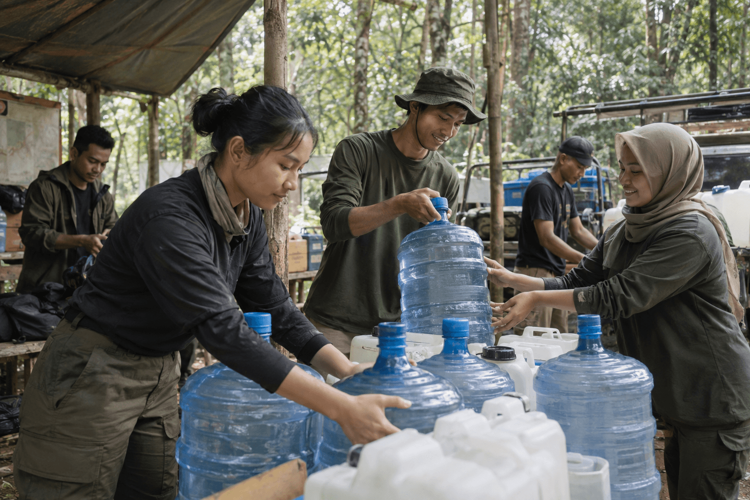Generated illustrative scene of volunteers organizing water containers at a shaded forest-safety station; fictional demo, not verified evidence