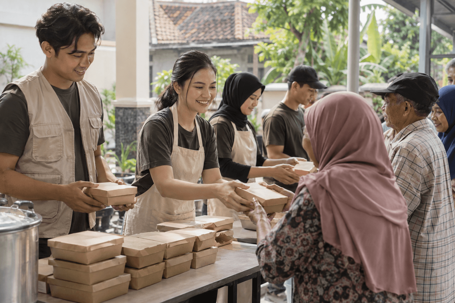 Generated illustrative scene of community-kitchen volunteers distributing neatly packed lunch boxes; fictional demo, not verified evidence