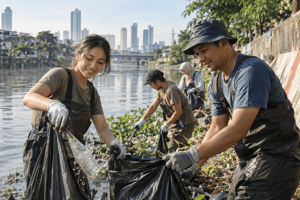 Generated illustrative scene of Indonesian neighbors collecting litter along a calm urban river; fictional demo, not verified evidence