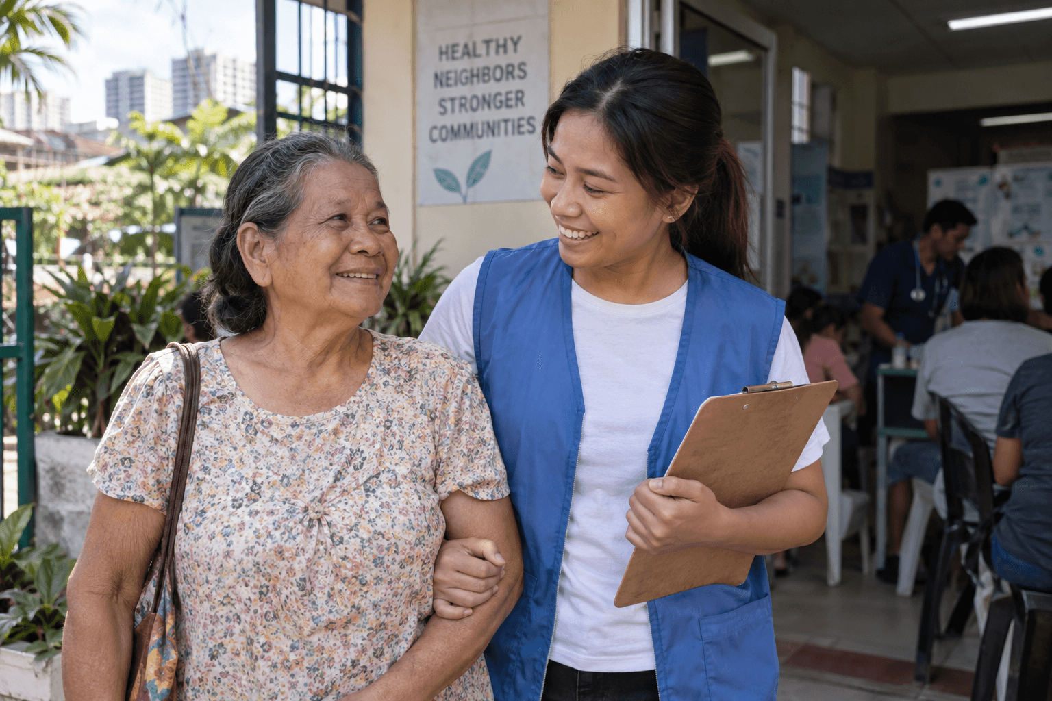 Generated illustrative scene of an older neighbor smiling beside a volunteer at a clinic entrance; fictional demo, not verified evidence