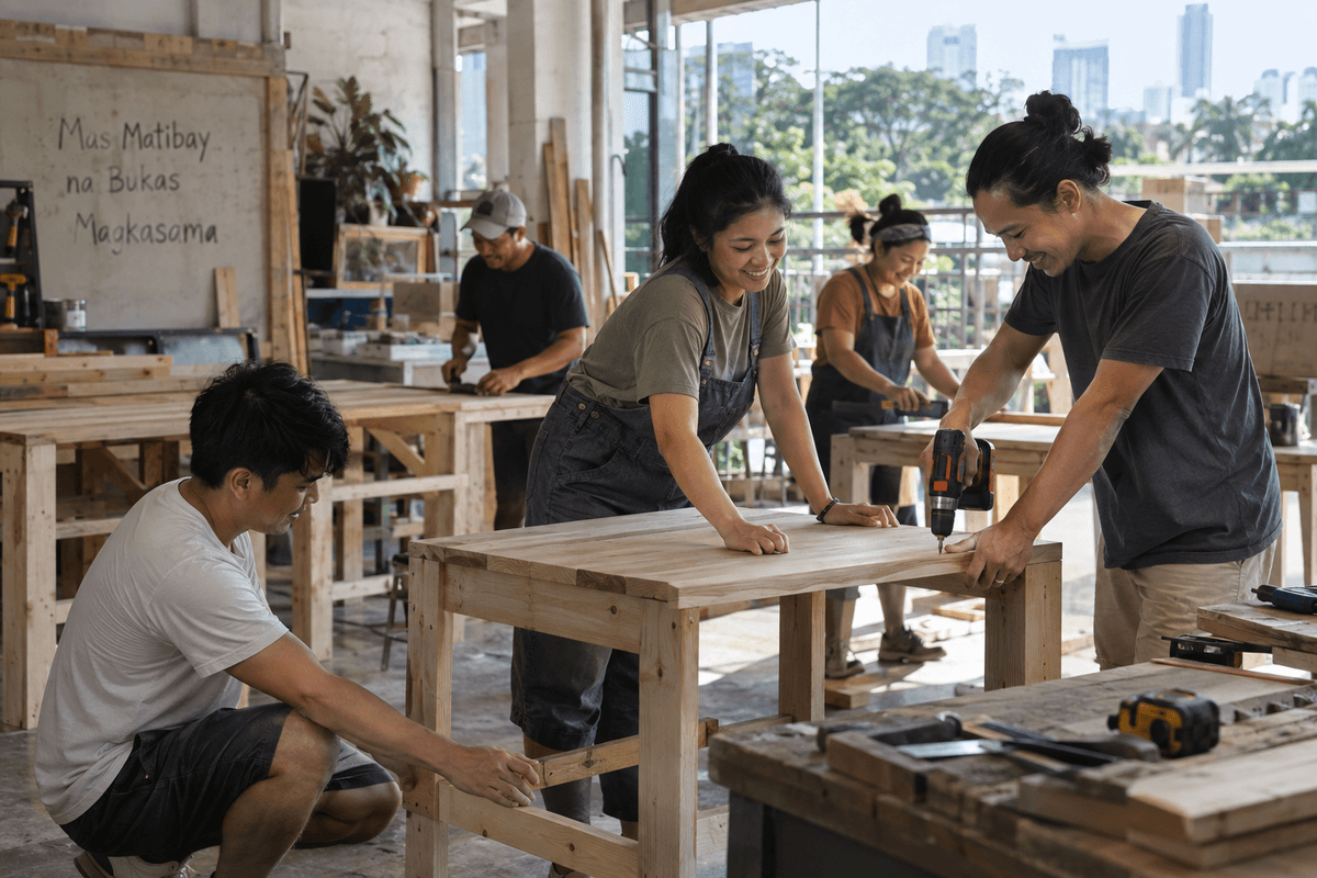 Generated illustrative scene of neighbors assembling wooden worktables in a bright shared workshop; fictional demo, not verified evidence