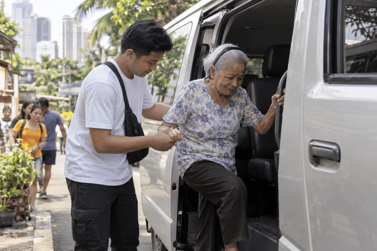 Generated illustrative scene of a volunteer helping an older adult enter a community van; fictional demo, not verified evidence