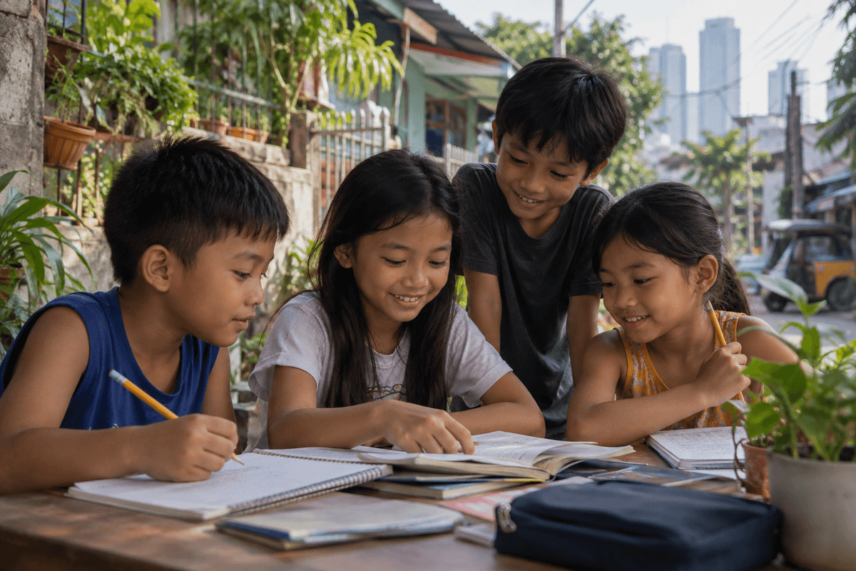 Generated illustrative scene of children studying together with books at a neighborhood table; fictional demo, not verified evidence