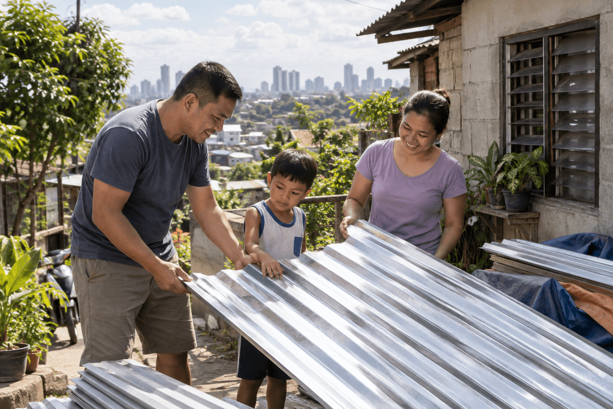 Generated illustrative scene of a family inspecting roof panels beside their small urban home; fictional demo, not verified evidence