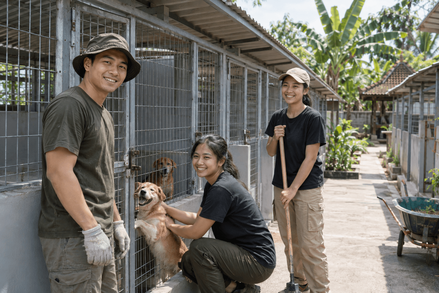 Generated illustrative scene of volunteers standing beside clean newly repaired animal-shelter kennels; fictional demo, not verified evidence