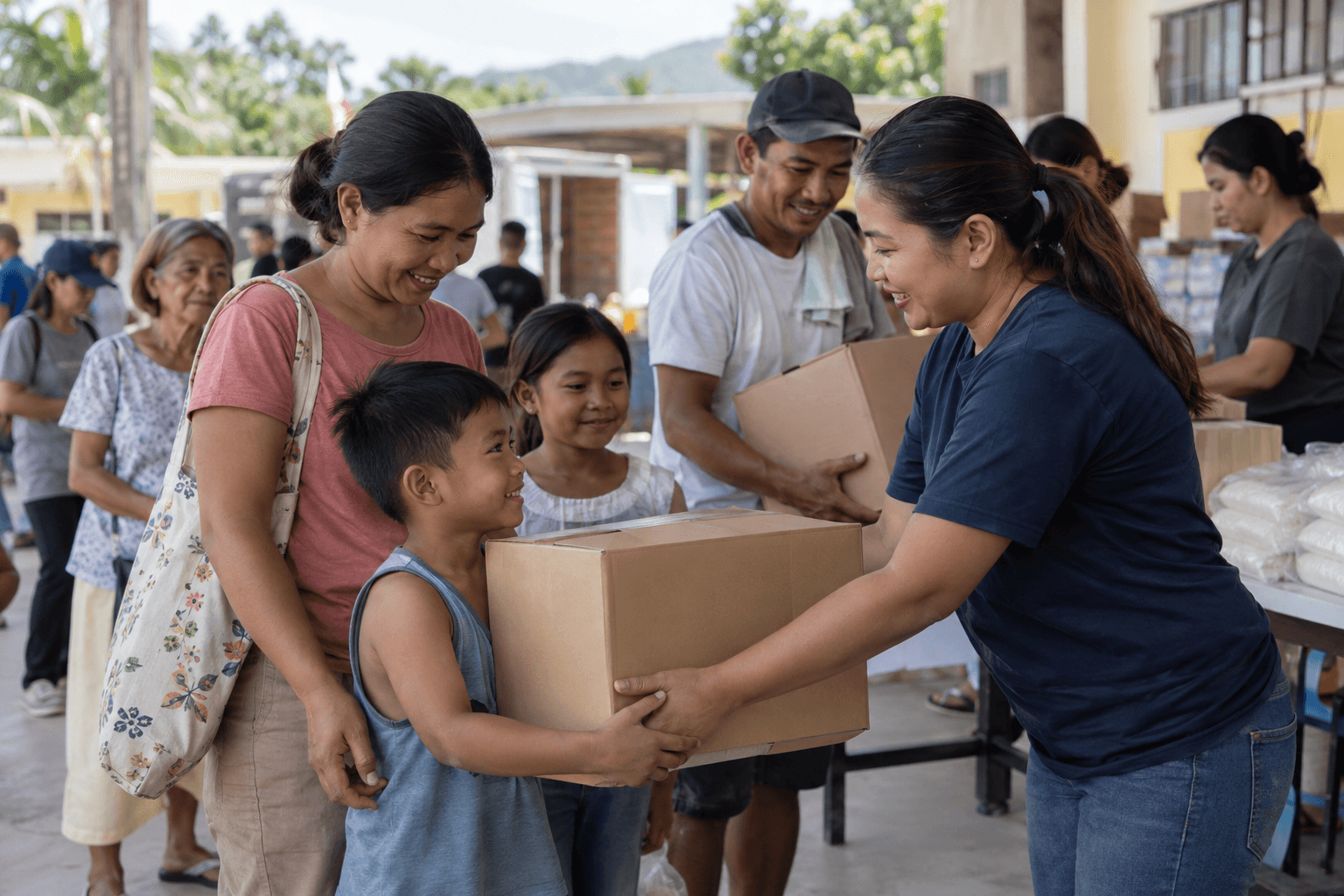 Generated illustrative scene of families receiving neatly packed relief boxes at a community center; fictional demo, not verified evidence