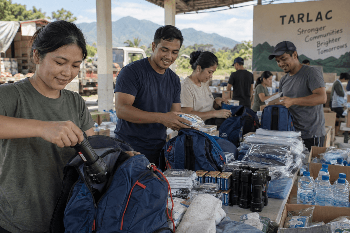Generated illustrative scene of volunteers packing flashlights and supplies into emergency bags; fictional demo, not verified evidence
