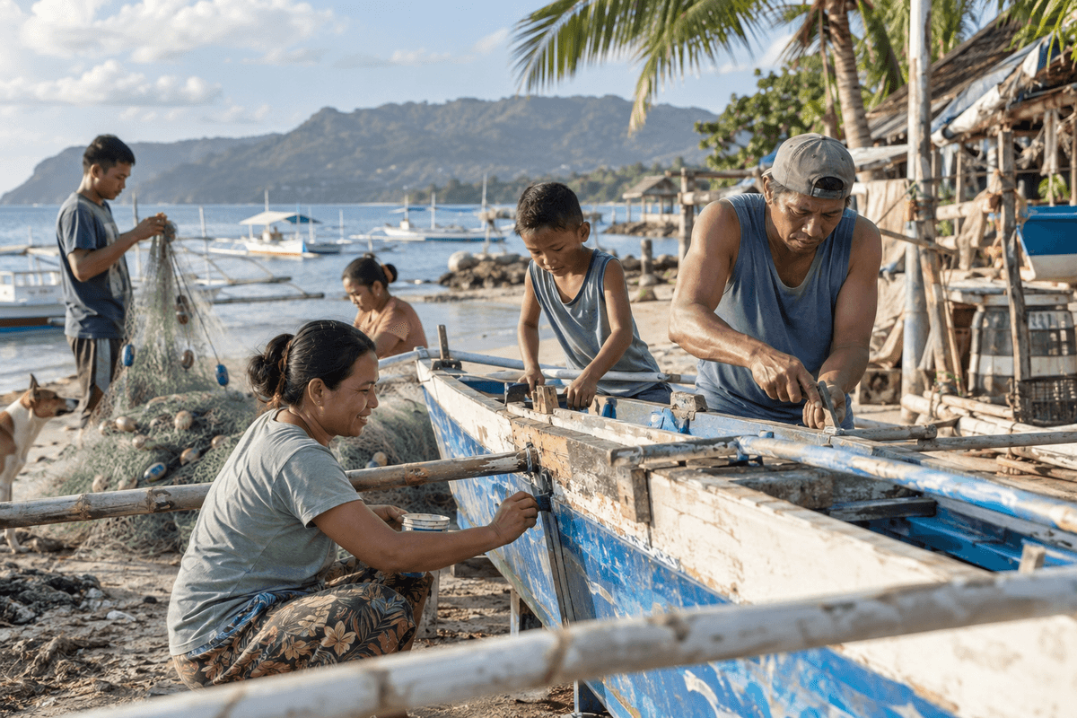 Generated illustrative scene of fishing families repairing small boats beside a coastal village; fictional demo, not verified evidence
