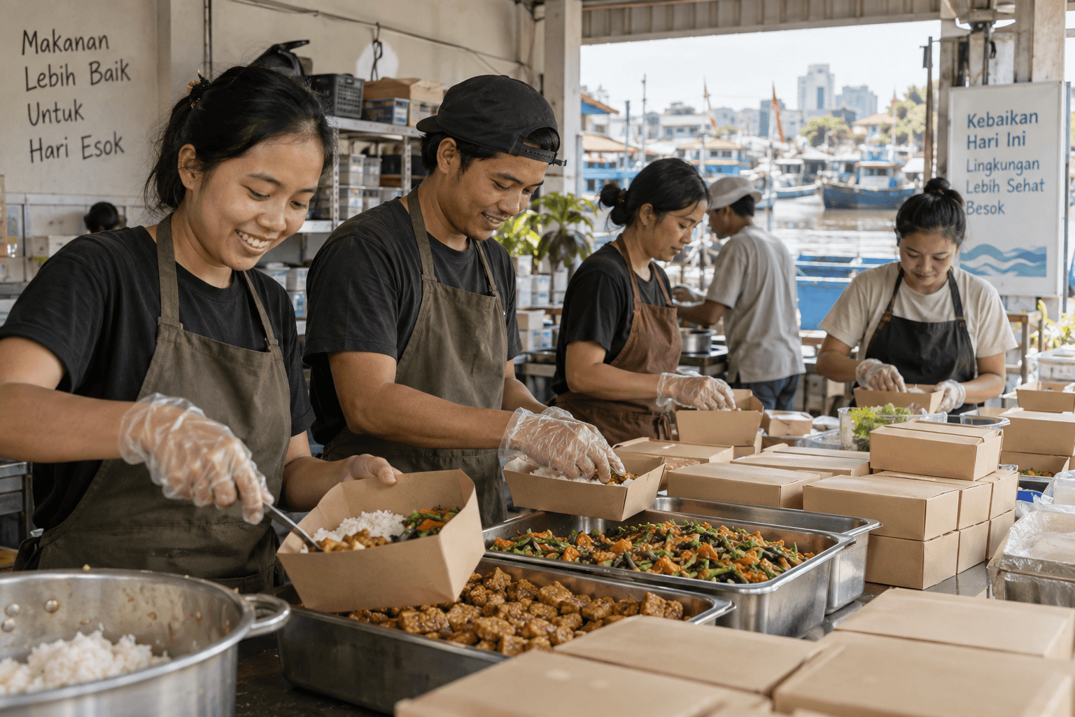 Generated illustrative scene of volunteers preparing boxed meals in an Indonesian community kitchen; fictional demo, not verified evidence