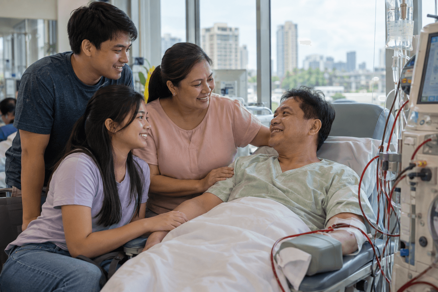 Generated illustrative scene of a caring family beside an adult patient in a dialysis clinic; fictional demo, not verified evidence