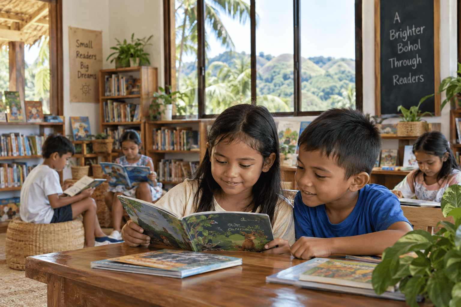 Generated illustrative scene of children reading storybooks inside a bright small community library; fictional demo, not verified evidence