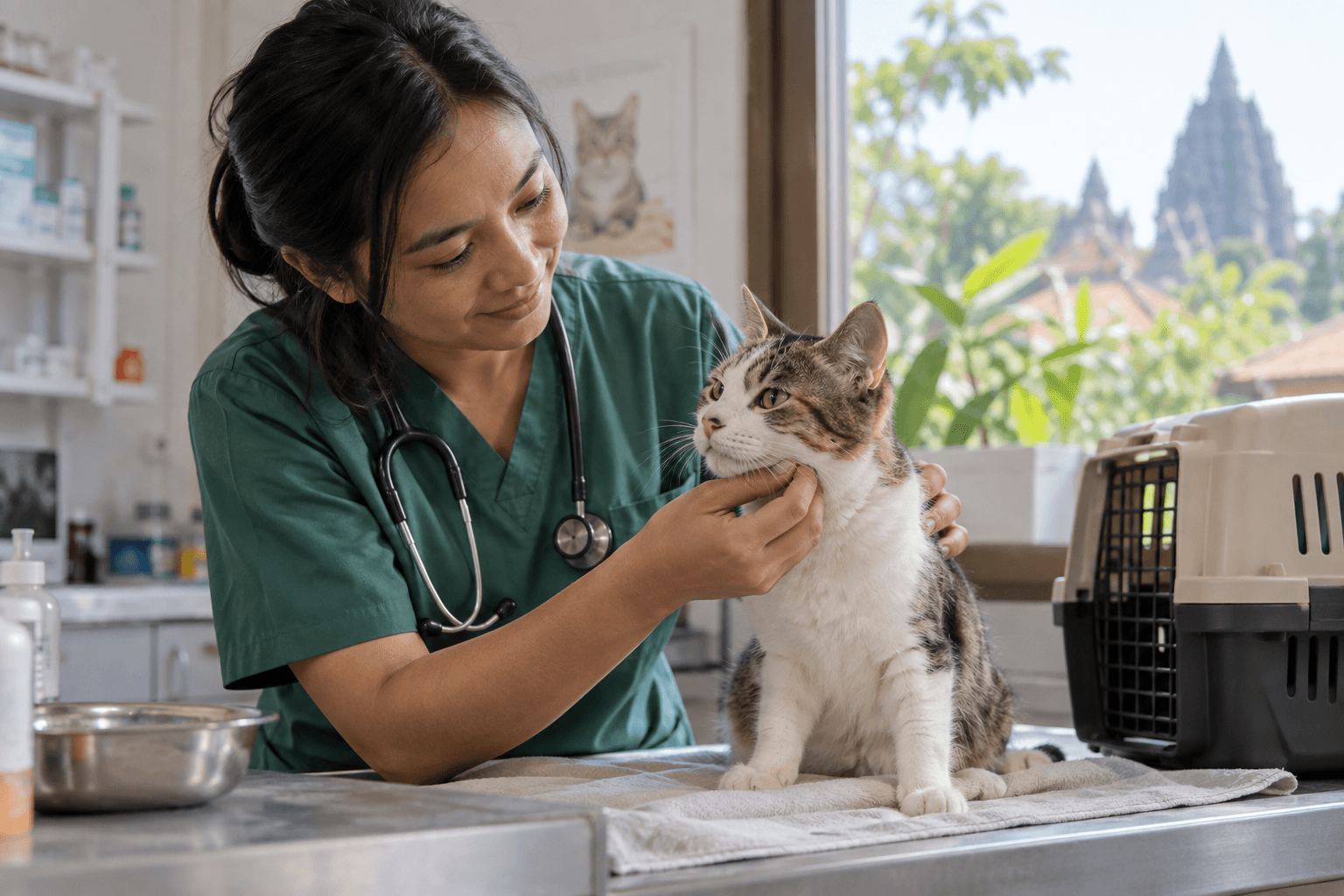 Generated illustrative scene of a veterinarian gently examining a recovering cat in a clean clinic; fictional demo, not verified evidence