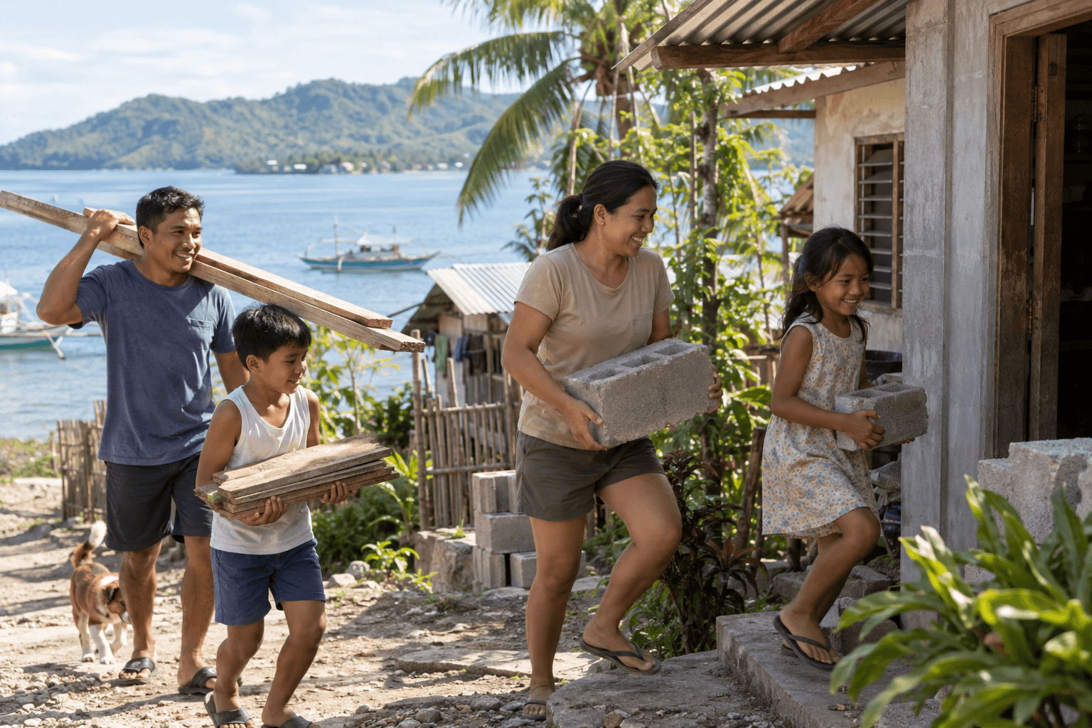 Generated illustrative scene of a family carrying repair materials toward a modest coastal home; fictional demo, not verified evidence