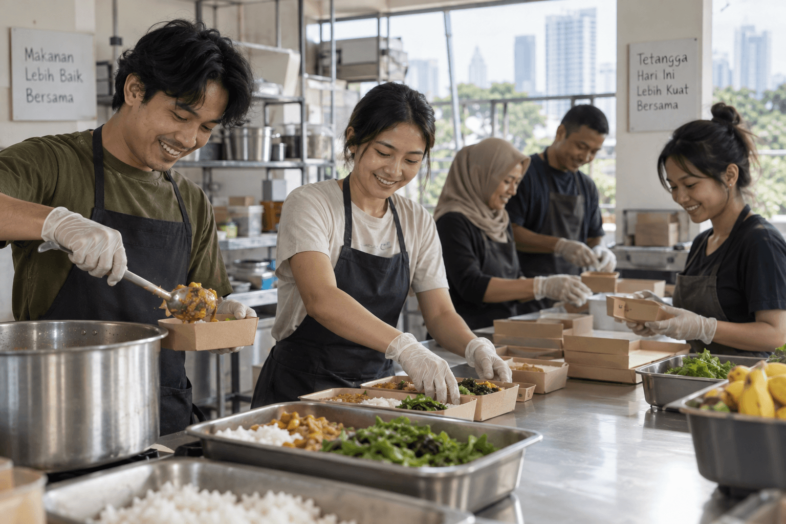 Generated illustrative scene of neighbors preparing free meals together in a clean community kitchen; fictional demo, not verified evidence