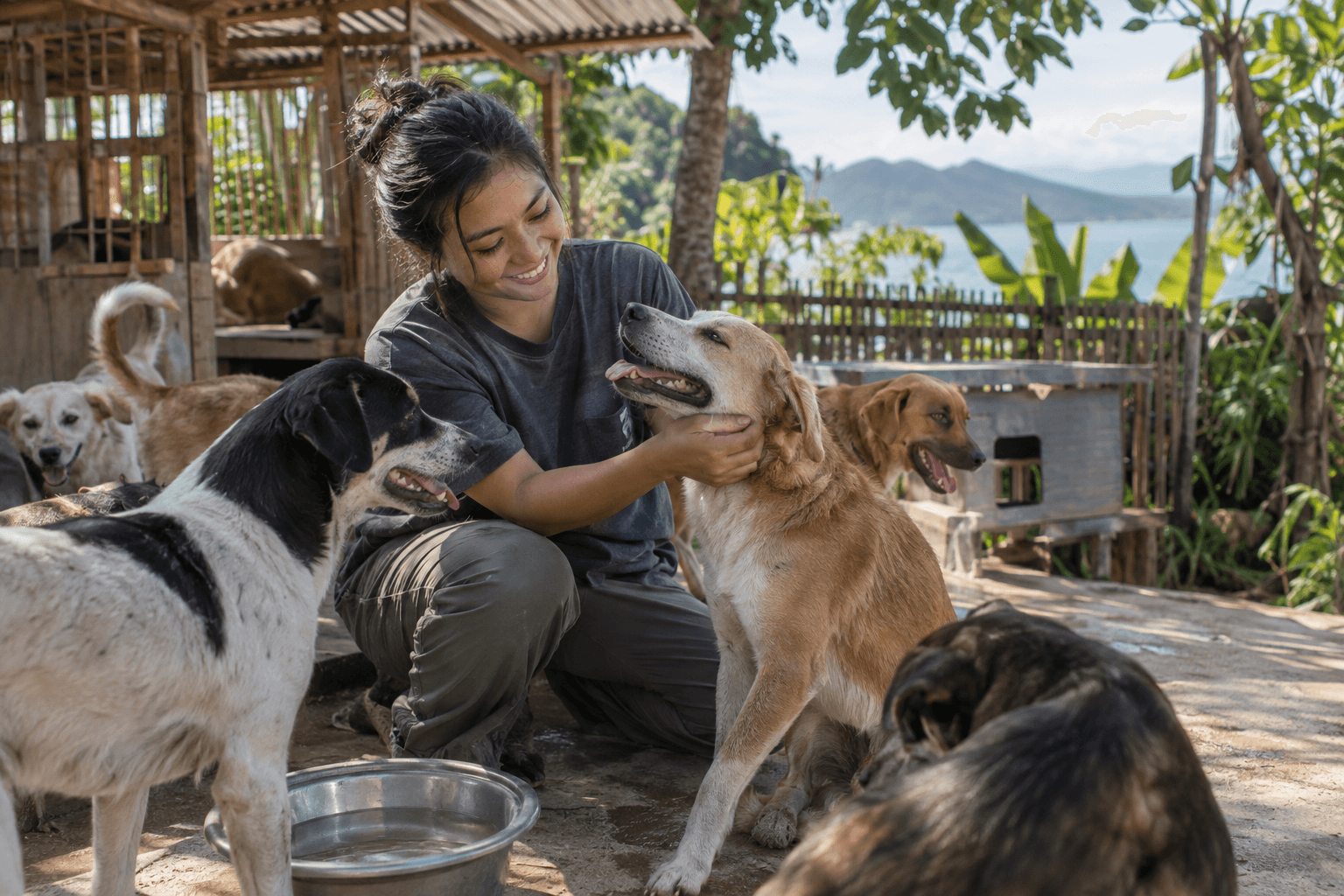 Generated illustrative scene of a volunteer caring for rescued dogs beside a peaceful foster yard; fictional demo, not verified evidence