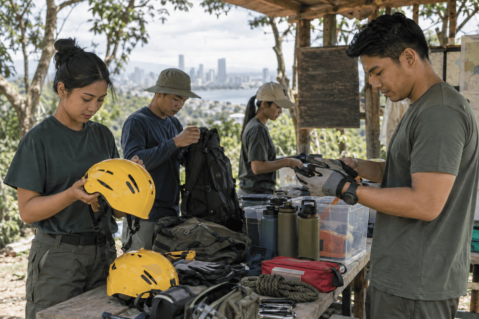 Generated illustrative scene of trained volunteers checking protective supplies at a forest safety station; fictional demo, not verified evidence
