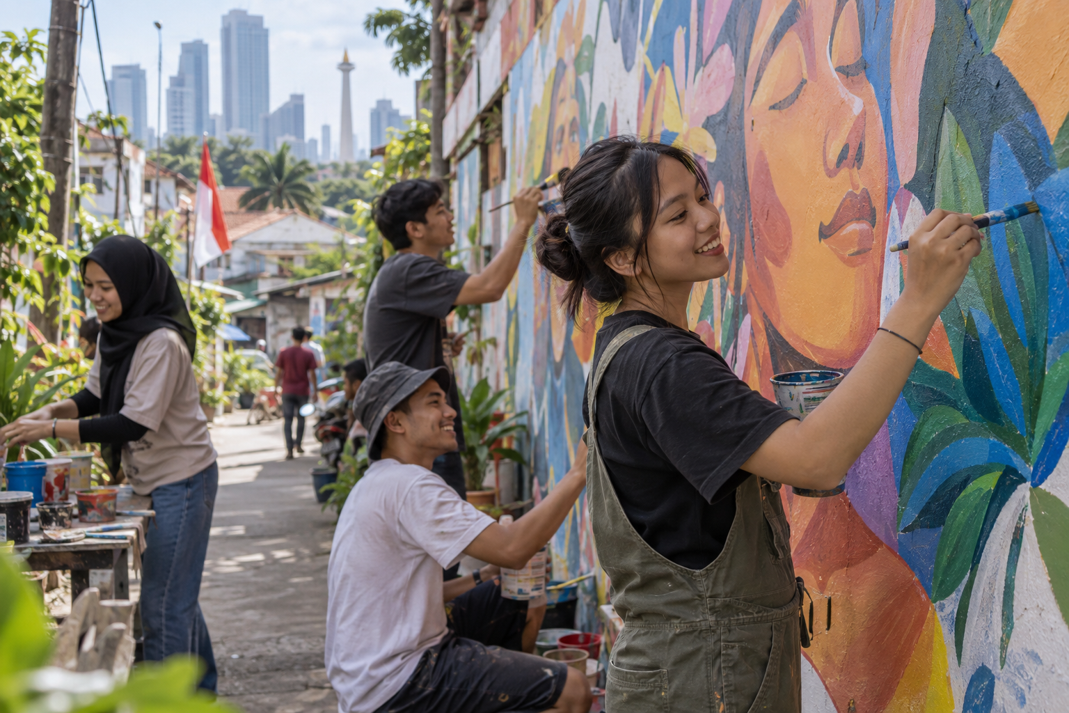 Generated illustrative scene of young Indonesian artists painting a colorful neighborhood wall mural; fictional demo, not verified evidence