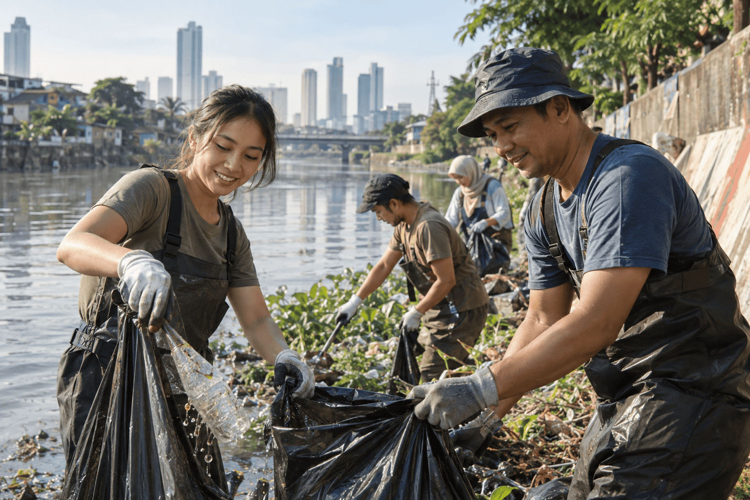 Generated illustrative scene of Indonesian neighbors collecting litter along a calm urban river; fictional demo, not verified evidence