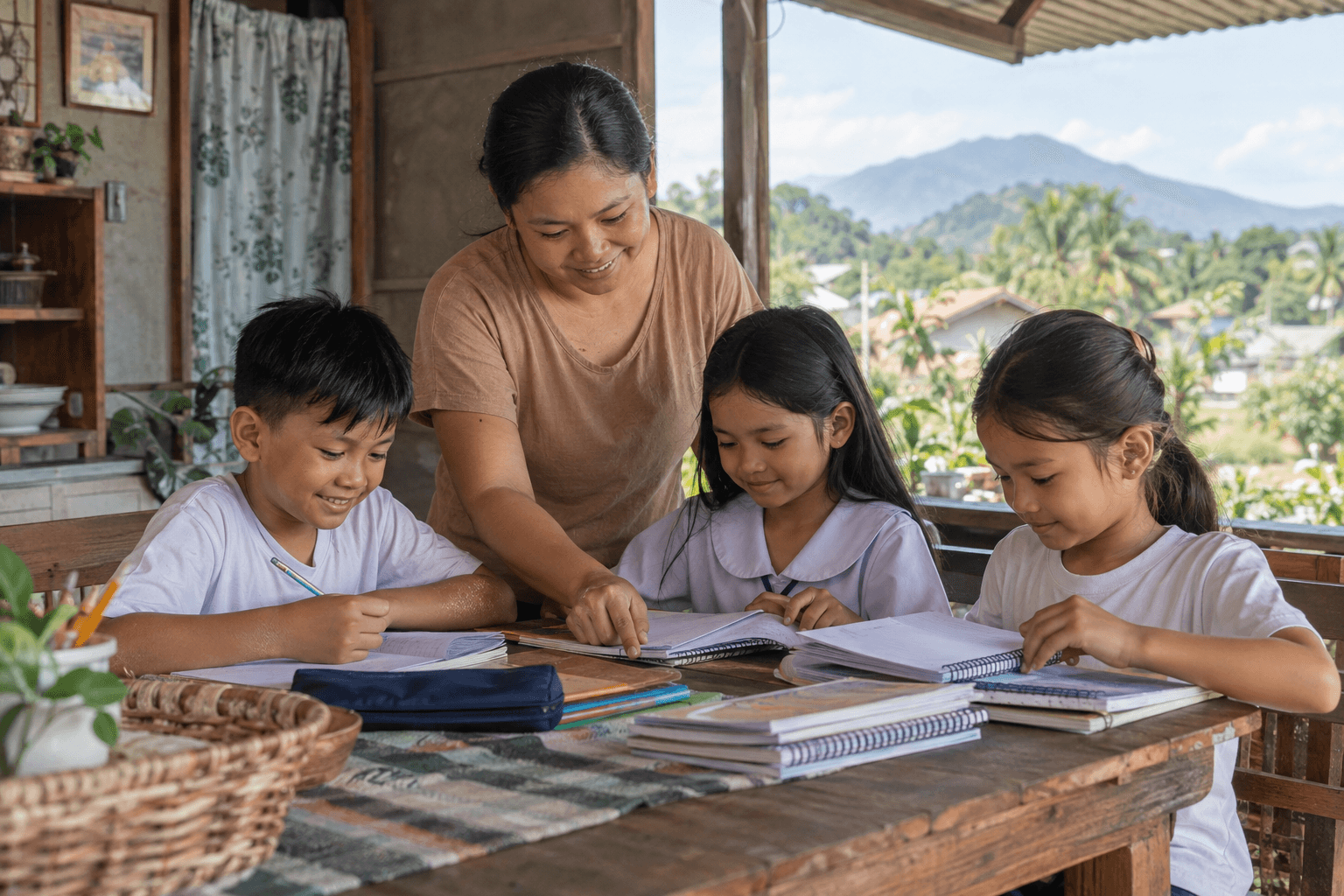 Generated illustrative scene of a parent helping three schoolchildren prepare notebooks at home; fictional demo, not verified evidence