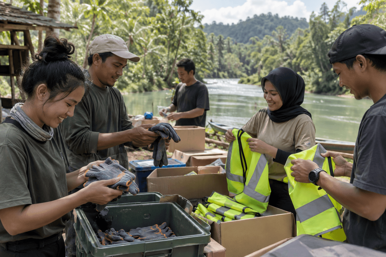 Generated illustrative scene of volunteers sorting gloves and safety vests beside a green river; fictional demo, not verified evidence