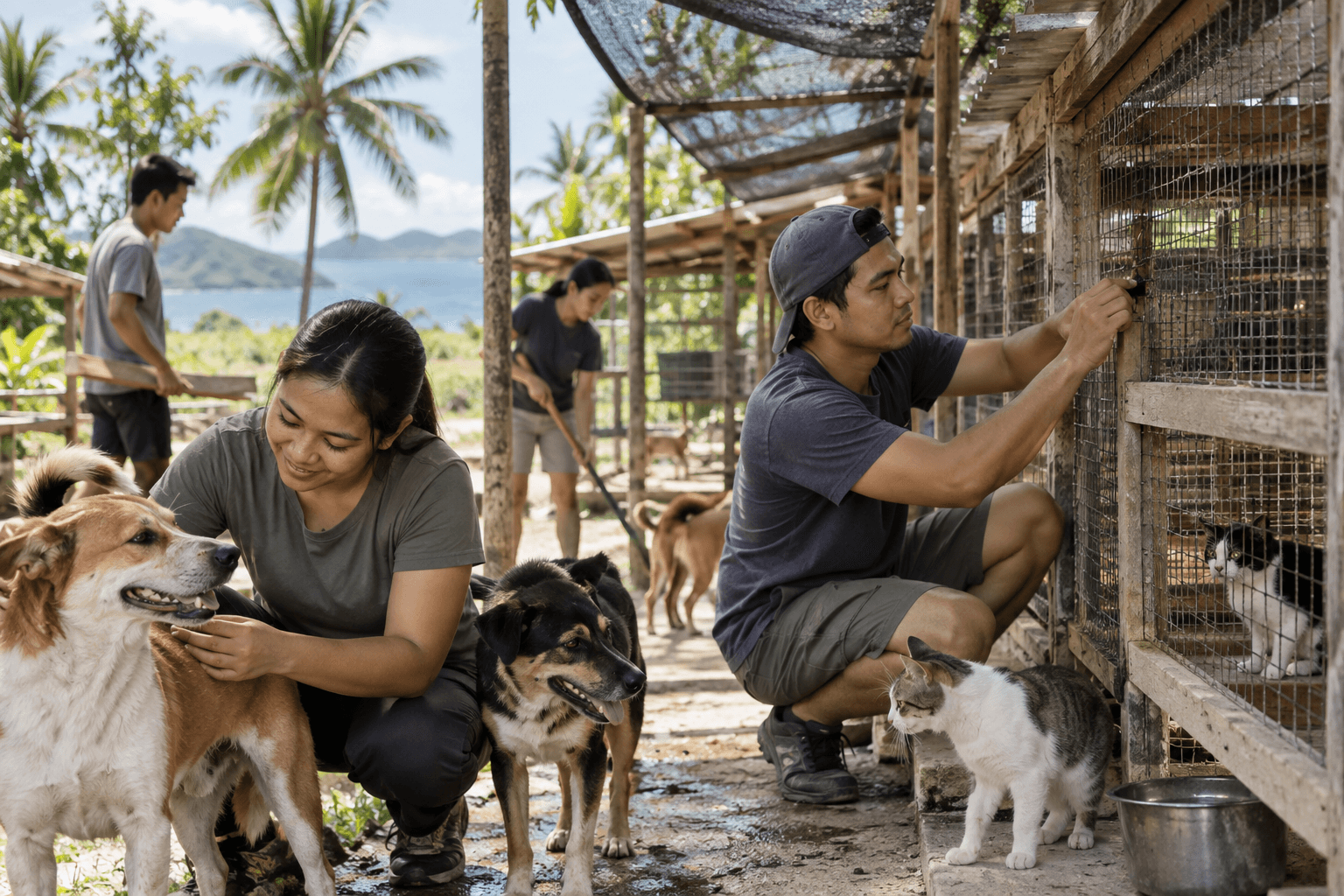 Generated illustrative scene of shelter volunteers repairing shaded kennels beside calm rescued animals; fictional demo, not verified evidence